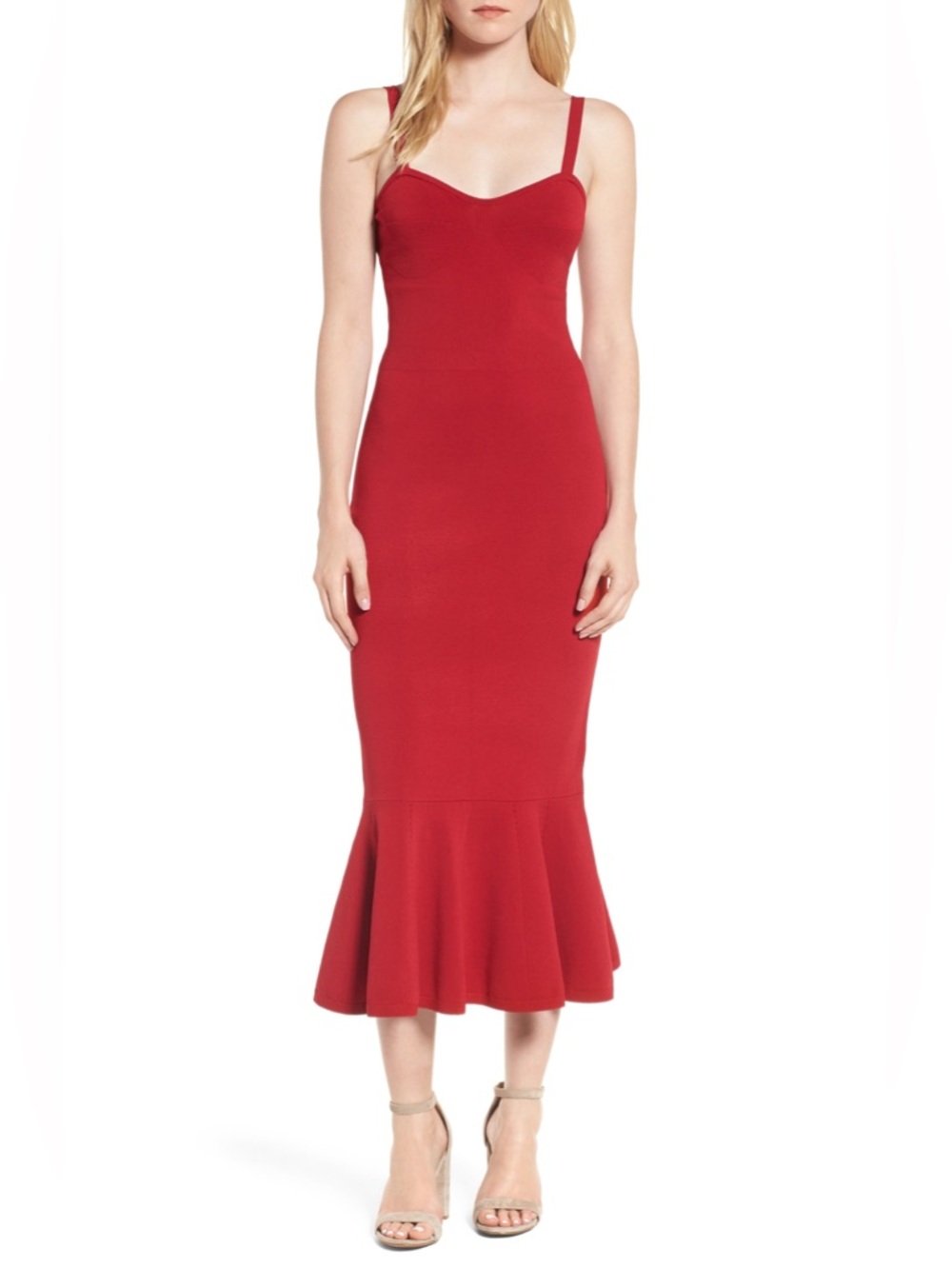 Chelsea 28 Red Sleeveless Mermaid Midi Dress Sweetheart Neck Ruffle Hem Bodycon